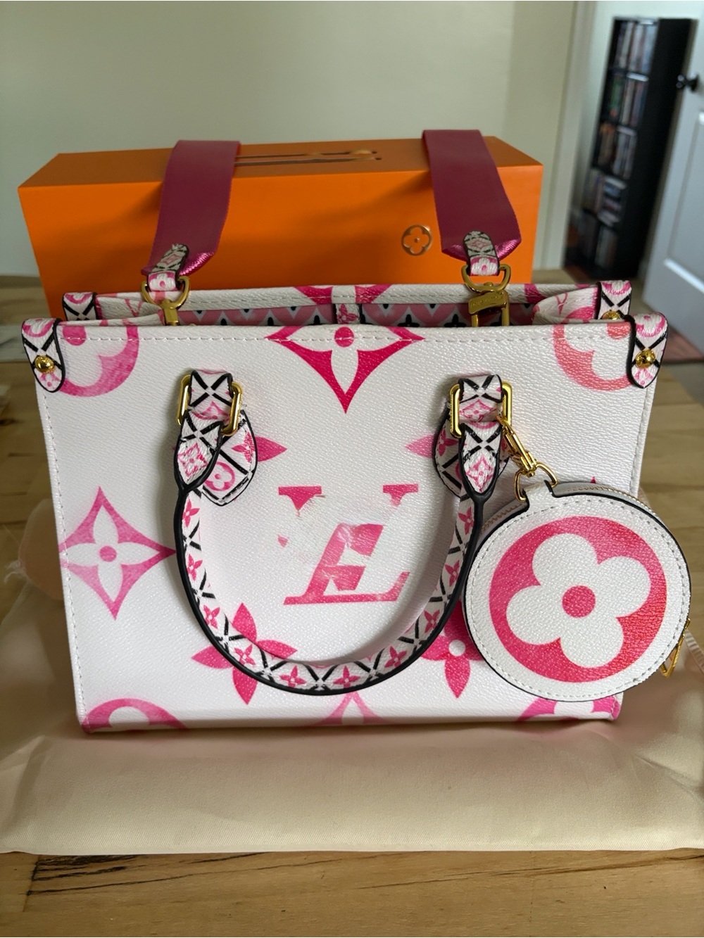 White and Pink Designer Monogram Tote with Detachable Round Pouch